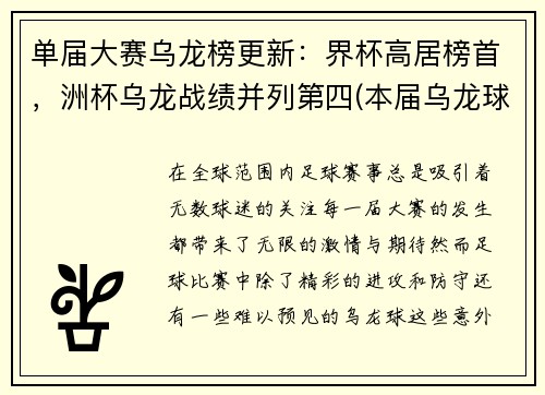 单届大赛乌龙榜更新：界杯高居榜首，洲杯乌龙战绩并列第四(本届乌龙球)