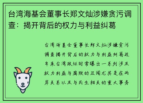 台湾海基会董事长郑文灿涉嫌贪污调查：揭开背后的权力与利益纠葛