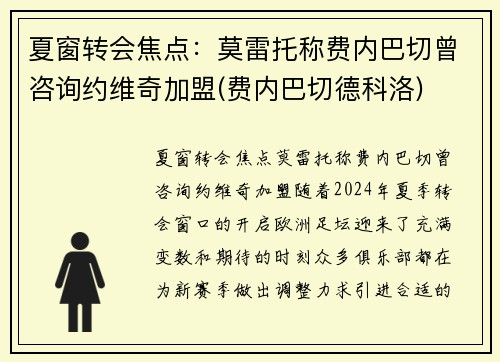 夏窗转会焦点：莫雷托称费内巴切曾咨询约维奇加盟(费内巴切德科洛)