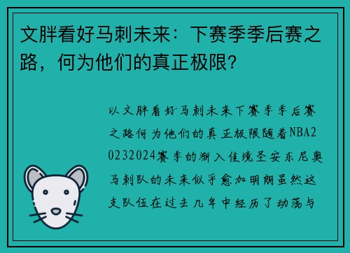 文胖看好马刺未来：下赛季季后赛之路，何为他们的真正极限？