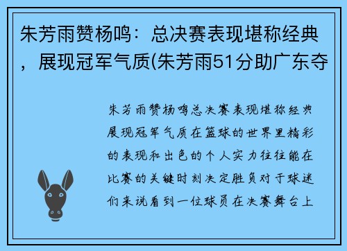 朱芳雨赞杨鸣：总决赛表现堪称经典，展现冠军气质(朱芳雨51分助广东夺冠)